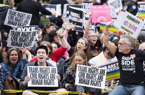 UNITED STATES - OCTOBER 8: Protesters block the street in front of the Supreme Court as it hears arguments on whether gay and transgender people are covered by a federal law barring employment discrimination on the basis of sex on Tuesday, Oct. 8, 2019. (Photo By Bill Clark/CQ-Roll Call, Inc via Getty Images)