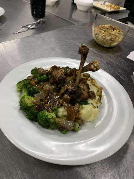Lollipop Chicken with Mashed Potatoes, Roasted Broccoli, and French Onion Reduction 